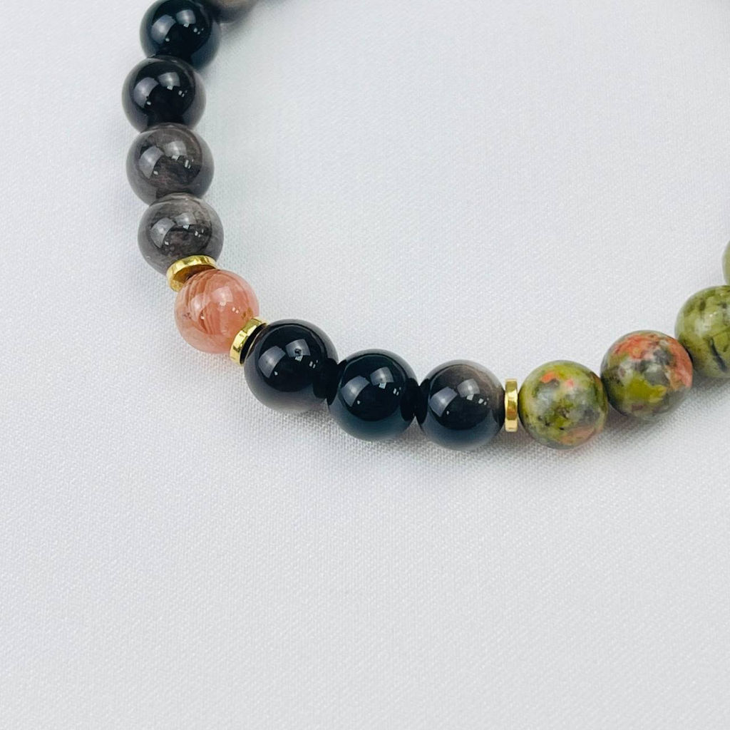 Браслет "Стихия Земля" из Обсидиана, Унакита и Родохрозита 17 см