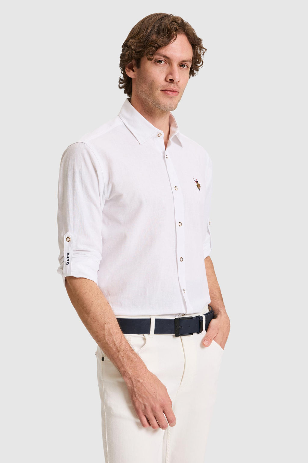 Erkek Keten Karml Beyaz Uzun Kollu Basic Gmlek - U.s. polo assn фото 3