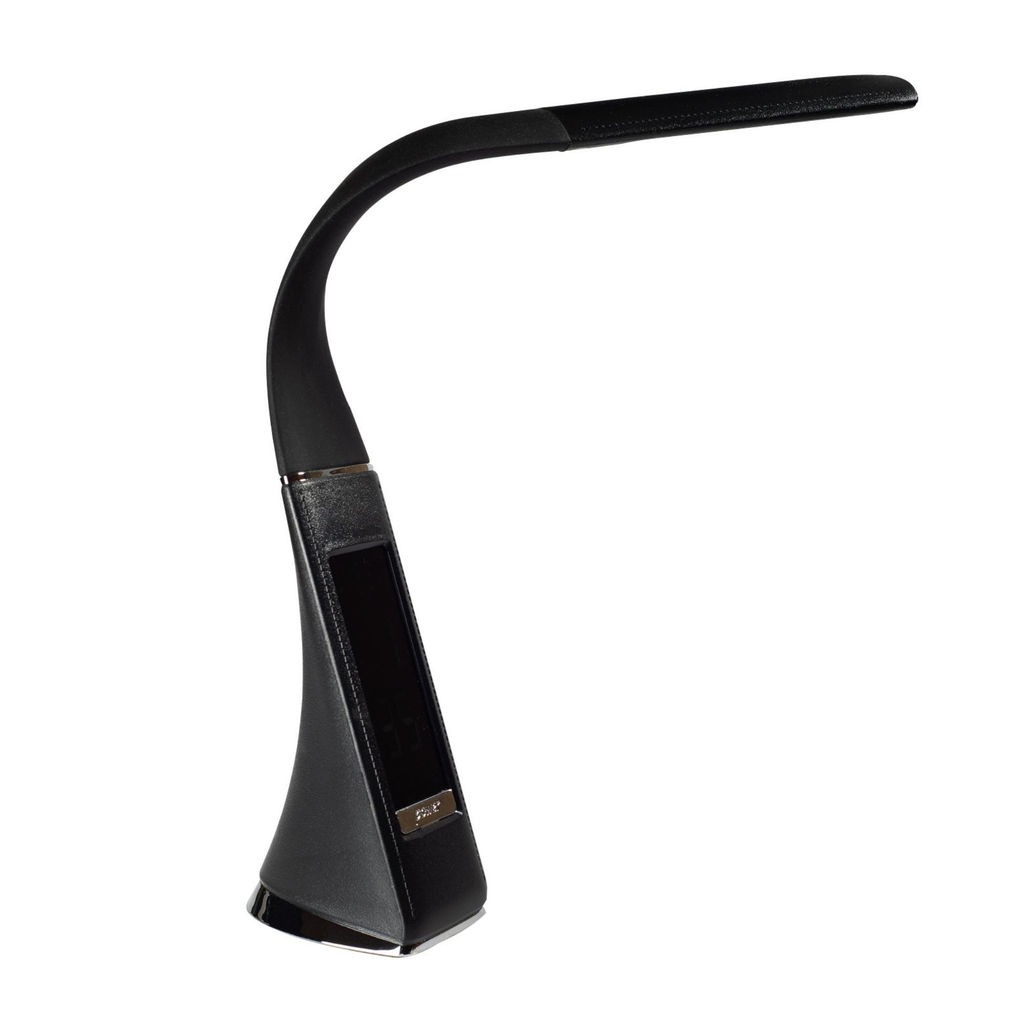 TLD-542 Black/LED/300Lm/5000K/Dimmer Светильник настольный c часами, календарем, термометром, 5W. Сенсорный выключатель. Черный (стилизован под кожу). TM Uniel.