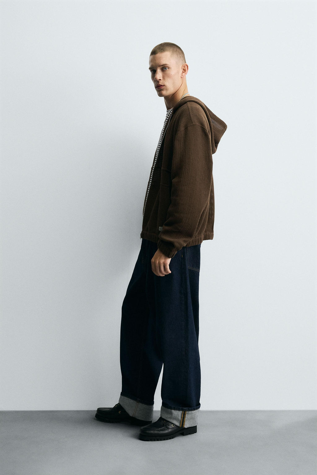 HOODED KNIT TEXTURED OVERSHIRT