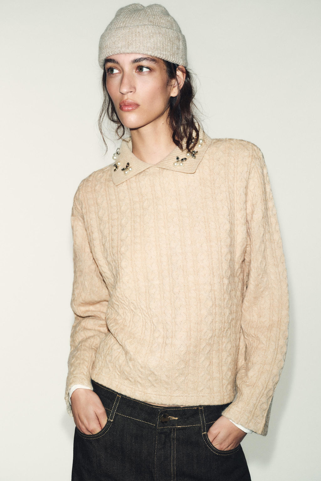 CABLE-KNIT JUMPER WITH JEWEL NECKLINE - Zara фото 4