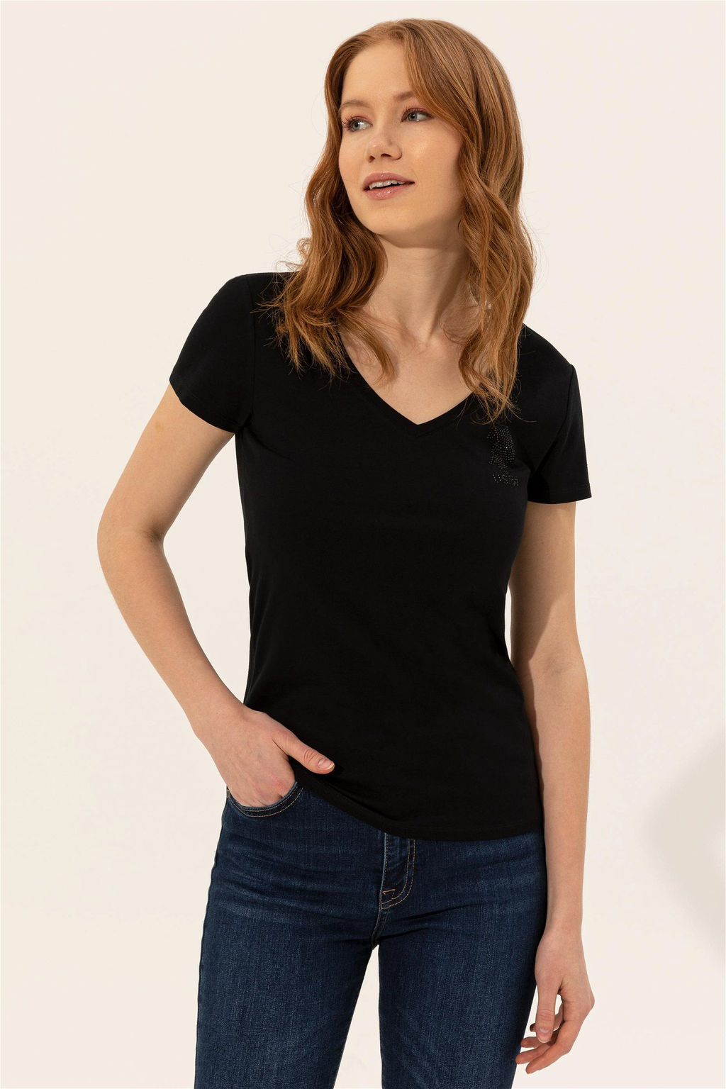 Женская черная футболка с V-образным вырезом Basic - U.s. polo assn фото 7