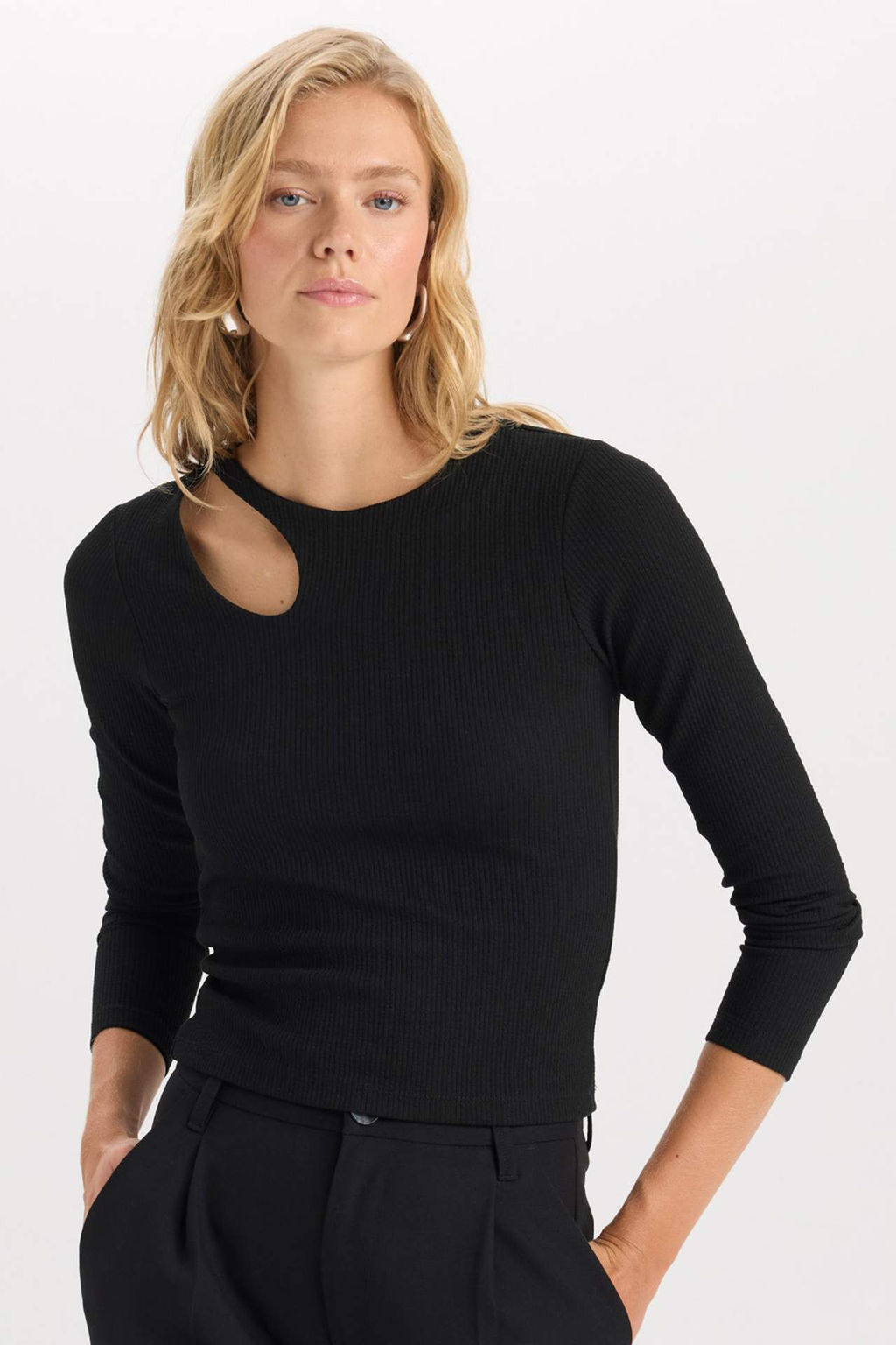 Slim Fit Dar Kal?p Bisiklet Yaka Basic Duz Simli Kumas Uzun Kollu Tisort - Defacto фото 2