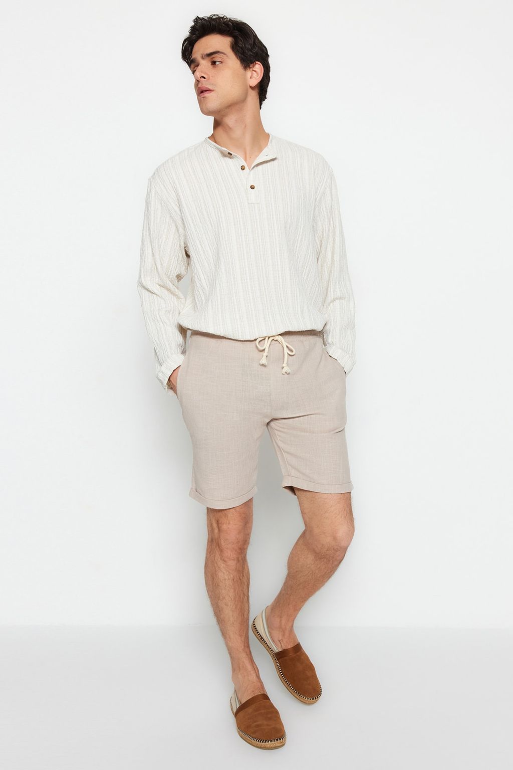 TRENDYOL MAN Ekru Regular Fit Keten Gorunumlu Sort TMNSS23SR00030 - Trendyolmilla фото 16