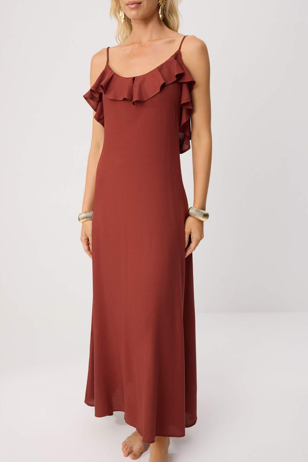 Koyu Kahverengi Dokuma Volanl_ Plaj Midi Elbise TBESS19WY0004 - Trendyolmilla фото 3