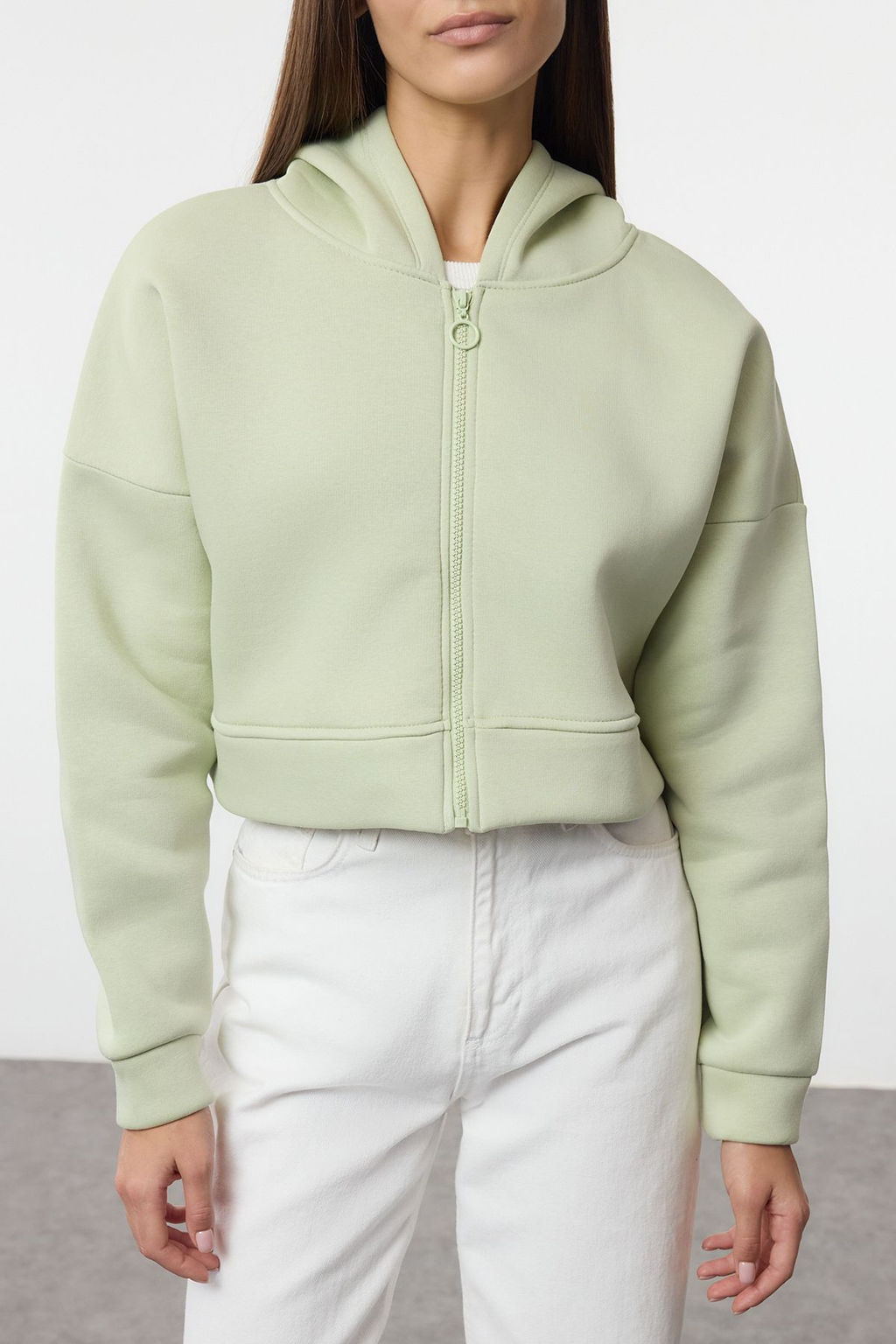 Mint Fermuarl? Kapusonlu Rahat Kesim Crop Kal?n Ici Polarl? Orme Sweatshirt TWOAW20SW0660