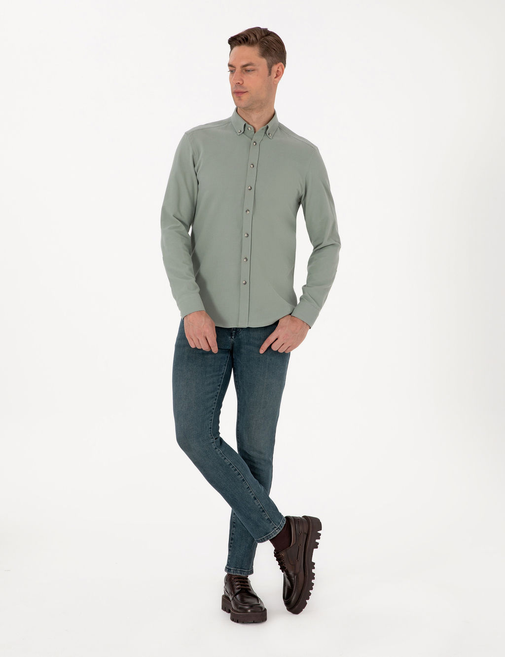 A__k Ye_il Slim Fit Uzun Kollu G_mlek