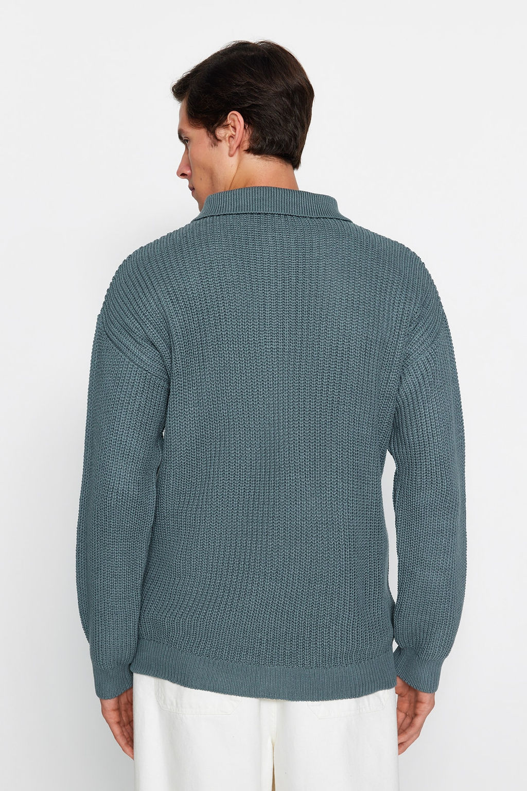 TRENDYOL MAN Unisex Petrol Oversize Fit Genis Kal?p Polo Yaka Tuylenmeyen Basic Triko Kazak TMNAW24KZ00000 - Trendyolmilla фото 5