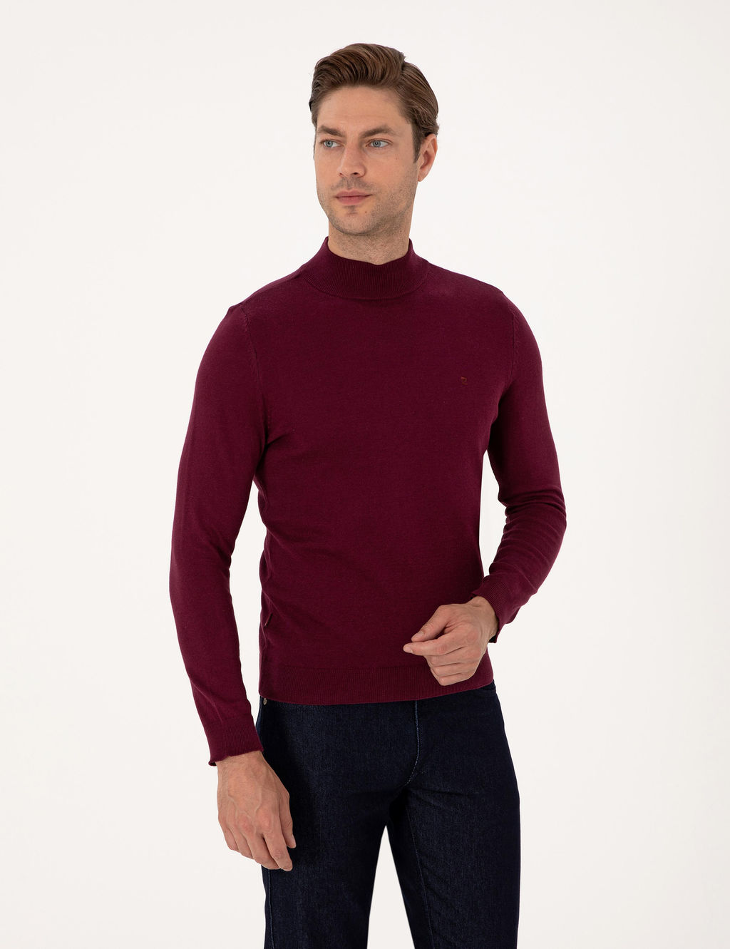 Bordo Slim Fit Yar_m Bal_k__ Yaka Basic Triko Kazak