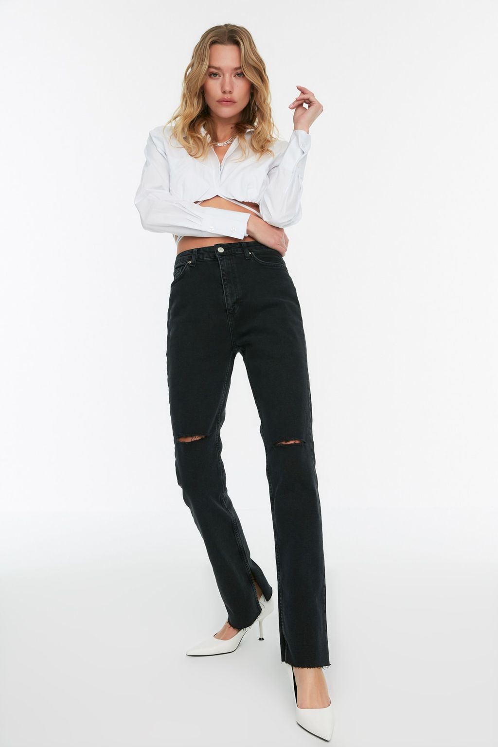 Siyah Recycle Y?rtmacl? Y?rt?k Detayl? Yuksek Bel Flare Jeans TWOSS22JE0599