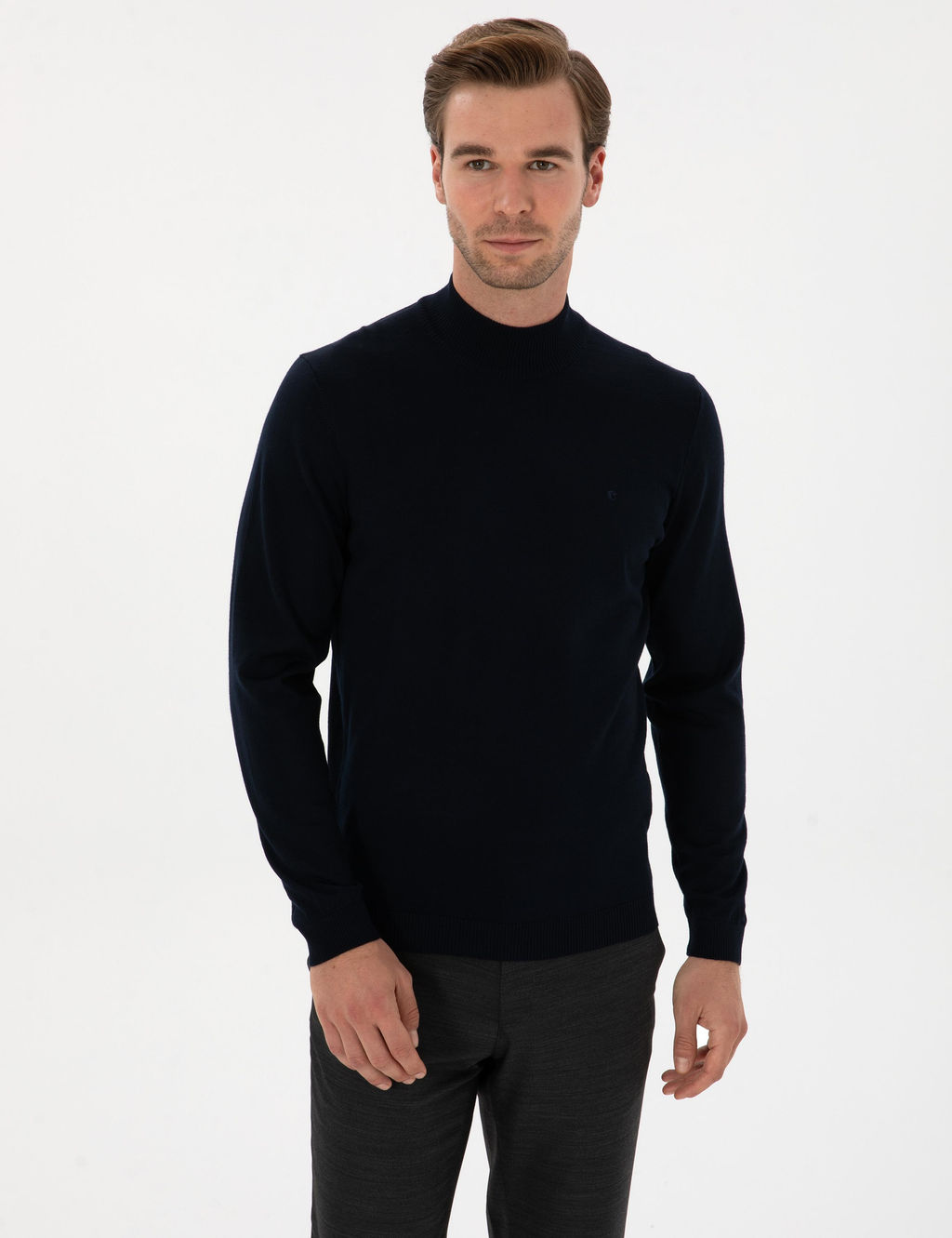Lacivert Slim Fit Y_n Kar___ml_ Yar_m Bal_k__ Basic Triko Kazak