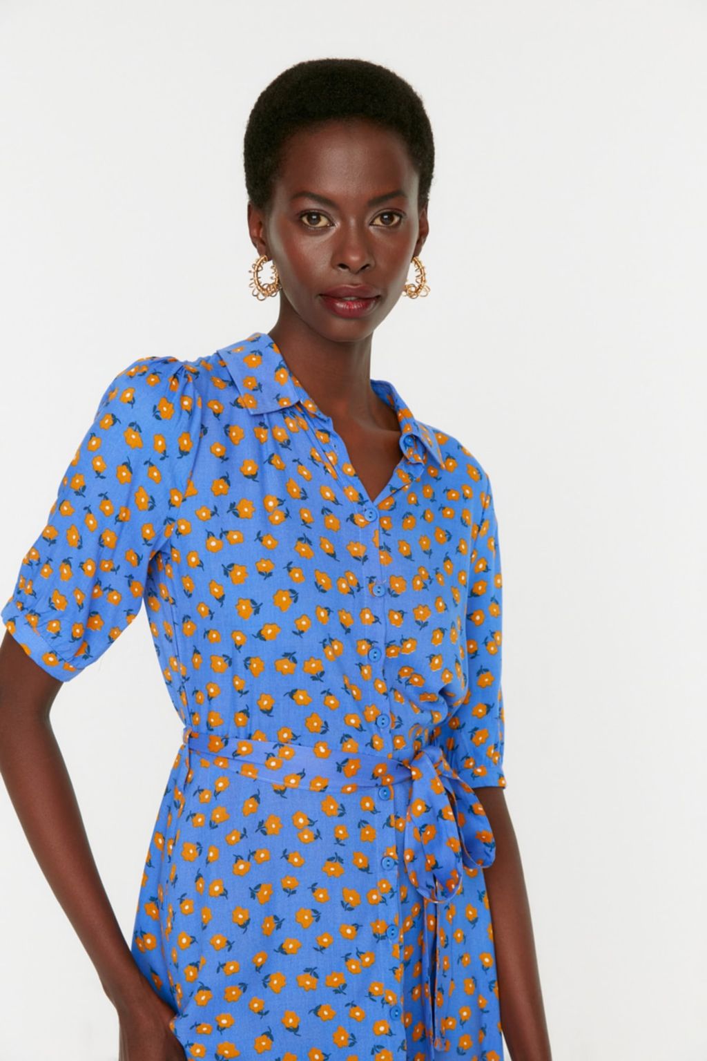 Mavi Cicek Desenli Kusakl? Midi Dokuma Viskon Gomlek Elbise TWOSS20EL1559