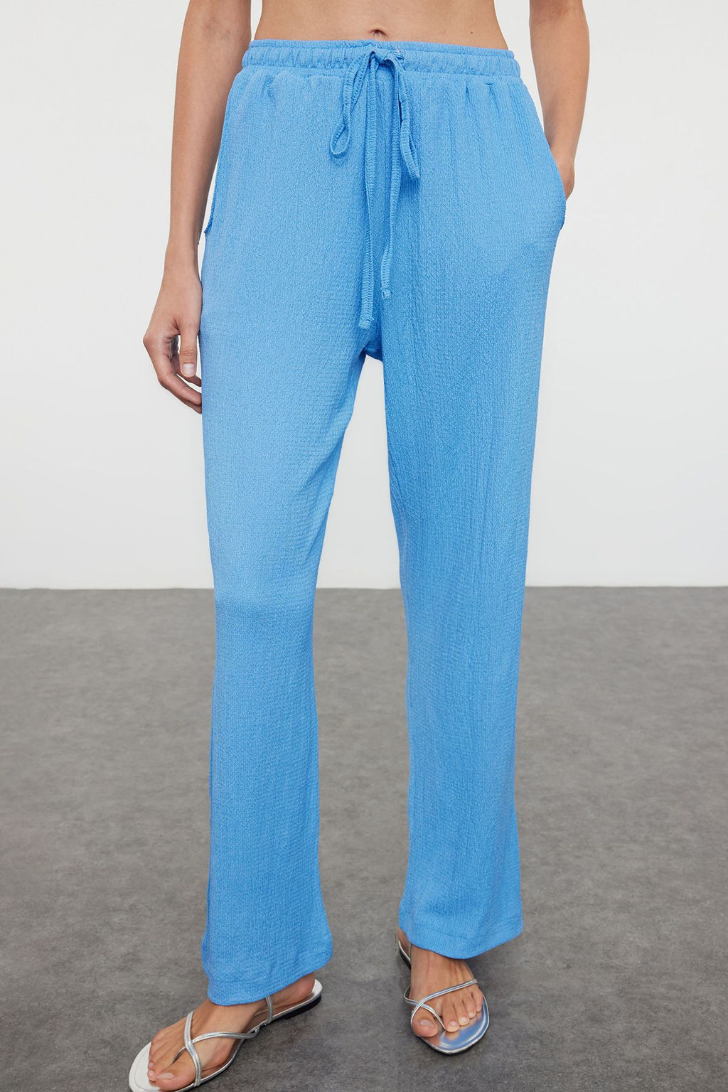 Mavi Dokuma Burumcuk Kimono Pantolon Plaj Tak?m TBESS23AU00149