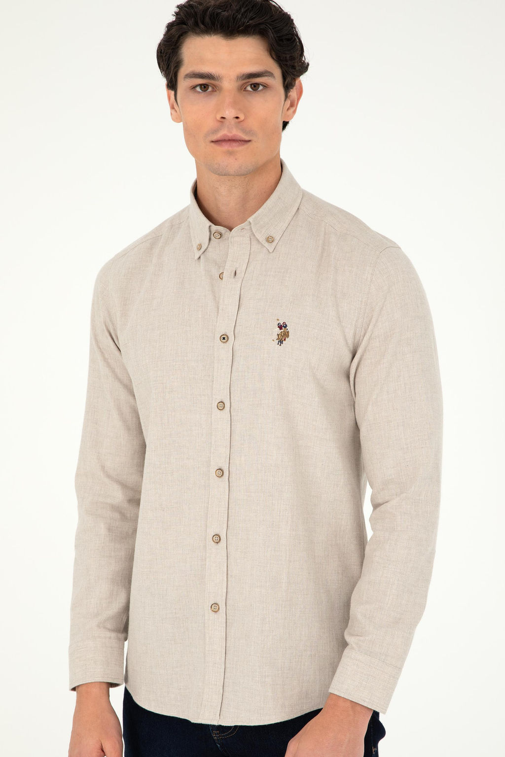 Мужская бежевая базовая рубашка с длинным рукавом - U.s. polo assn фото 3