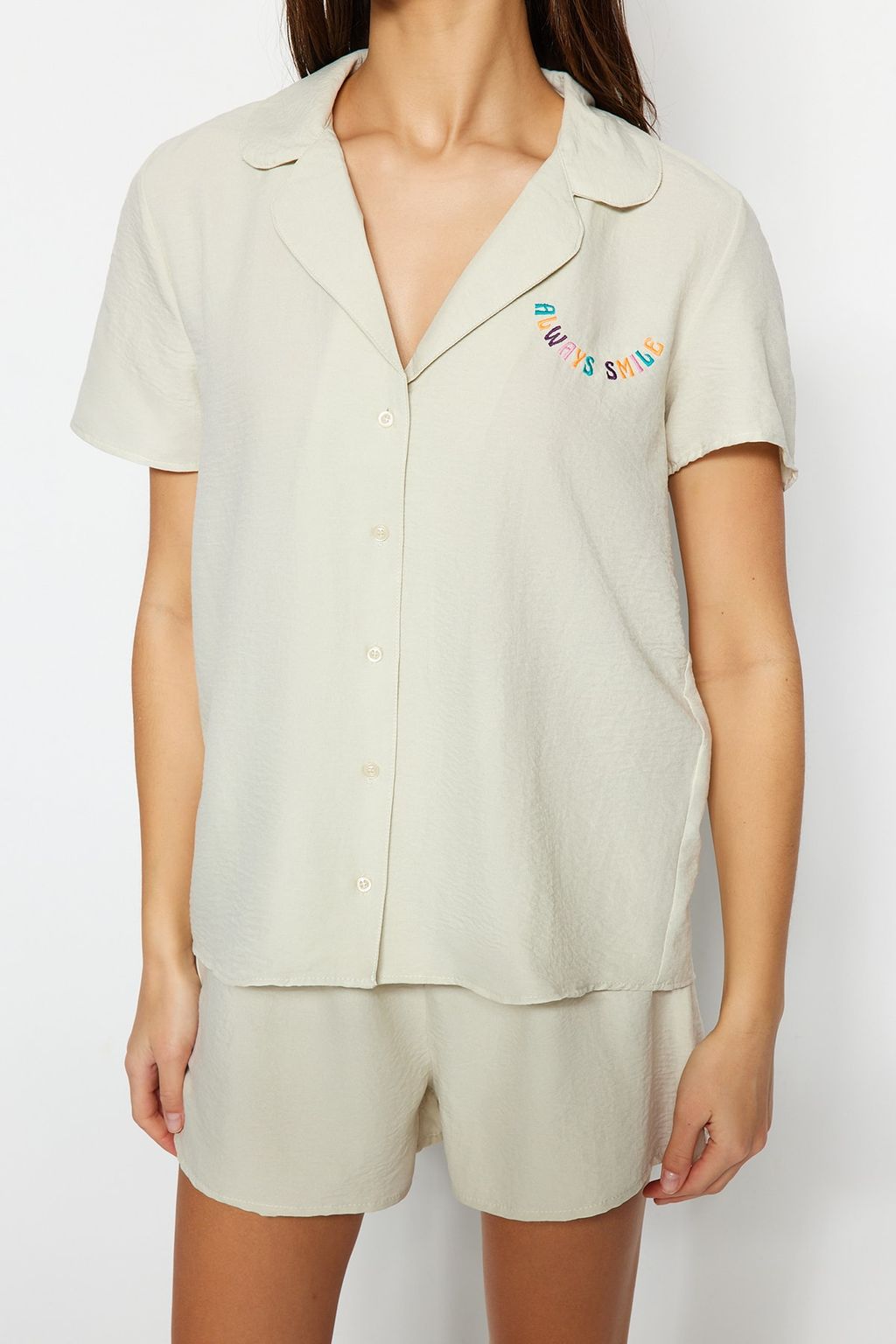 Ac?k Bej Slogan Nak?sl? Sortlu Dokuma Pijama Tak?m? THMSS23PT00232