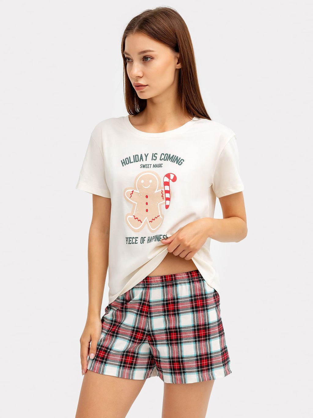 Комплект женский (джемпер, шорты) молочный в клетку с принтом в виде надписи и печенья - Mark formelle фото 2