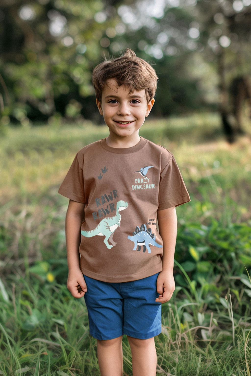 Bej Erkek Cocuk %100 Pamuk Dinozor Desenli Regular/Normal Kal?p K?sa Kol Orme T-shirt TKDSS24TS00034