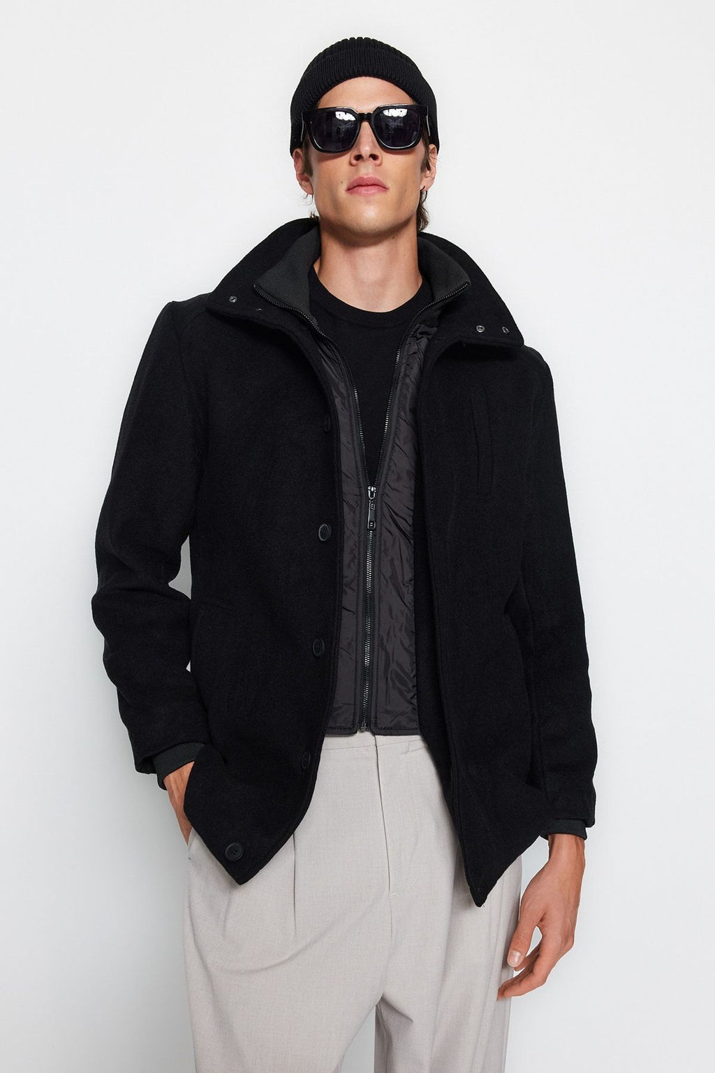 Trendyolmilla Man Siyah Regular Fit Dik Yaka Yun Kar?s?ml? Kase K?sl?k Kaban TMNAW24KB00002  фото 3