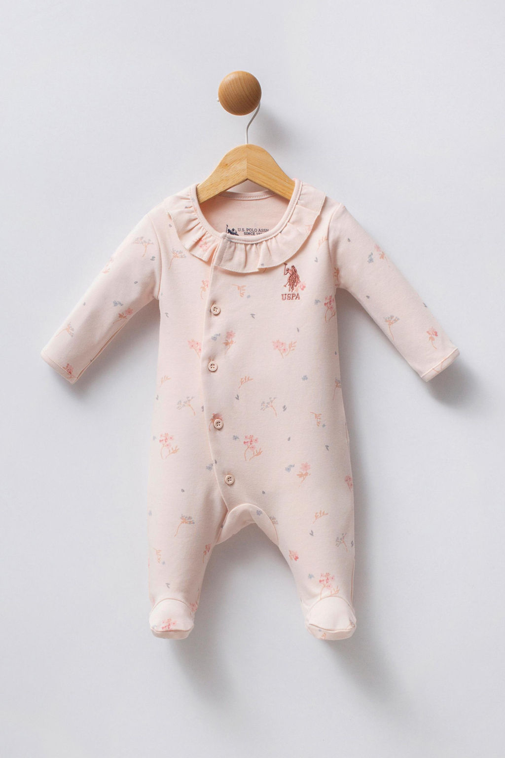 K_z Bebek Toz Pembe _i_ek Desenli Yaka Detayl_ %100 Pamuk Patikli Tulum