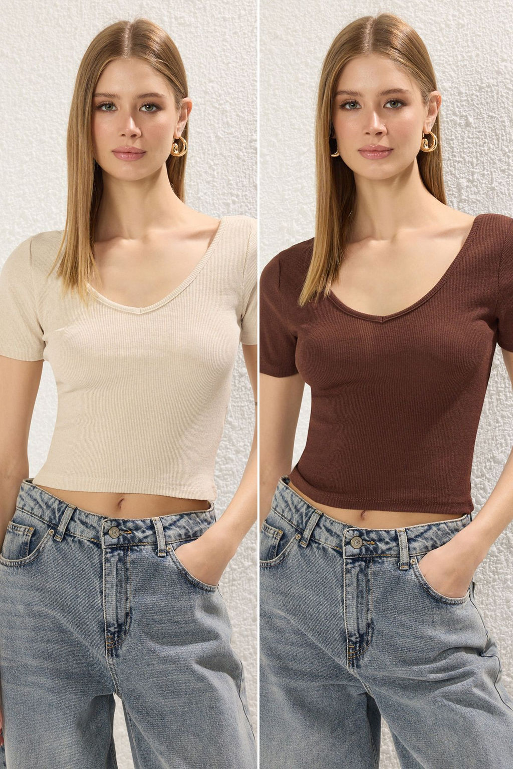 Kahverengi-Bej 2li Paket V Yaka K?sa Kol Fitilli Esnek Orme Bluz TWOSS25BZ00288