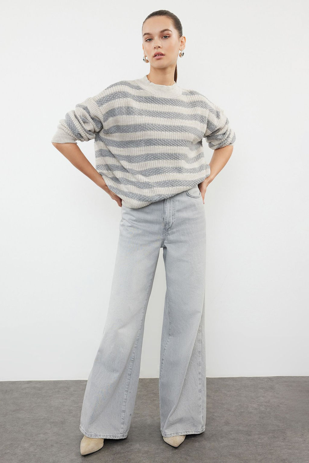 Ekru Genis Kal?p Cizgili Triko Kazak TWOAW23KZ00516 - Trendyolmilla фото 10