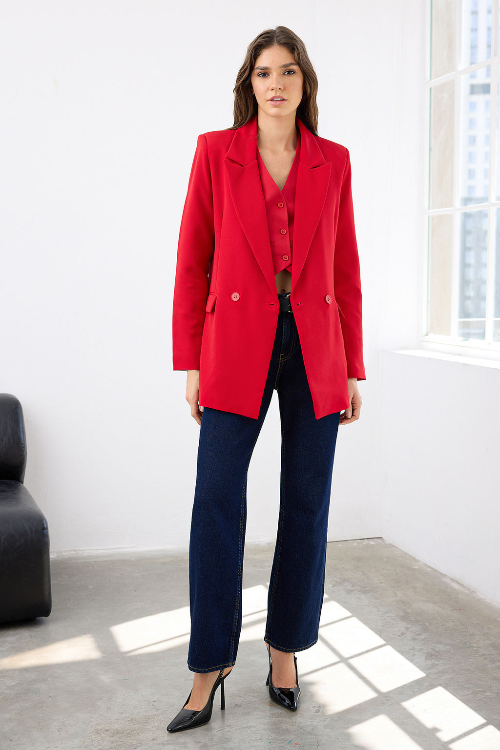 K?rm?z? Regular Astarl? Kruvaze Kapama Dokuma Blazer Ceket TWOSS20CE0059