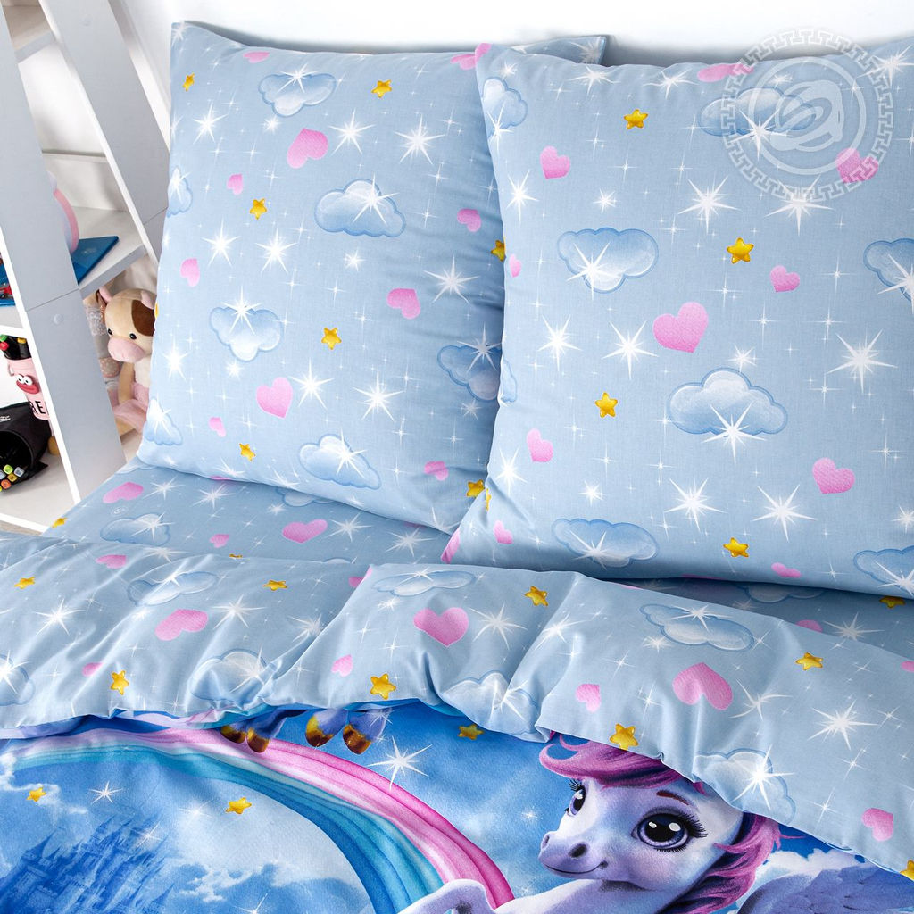 Постельное белье Единорожки (поплин детский) 1,5 сп./Пододеяльник: 1 шт. - 215*145; Простыня: 1 шт. - 214*150; Наволочка: 2 шт. - 70*70; Поплин детский