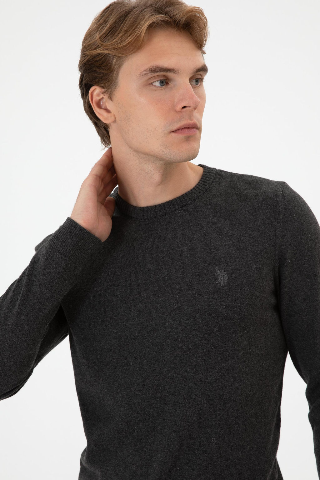 Erkek Slim Fit Bisiklet Yaka Antrasit Melanj Basic Kazak - U.s. polo assn фото 3