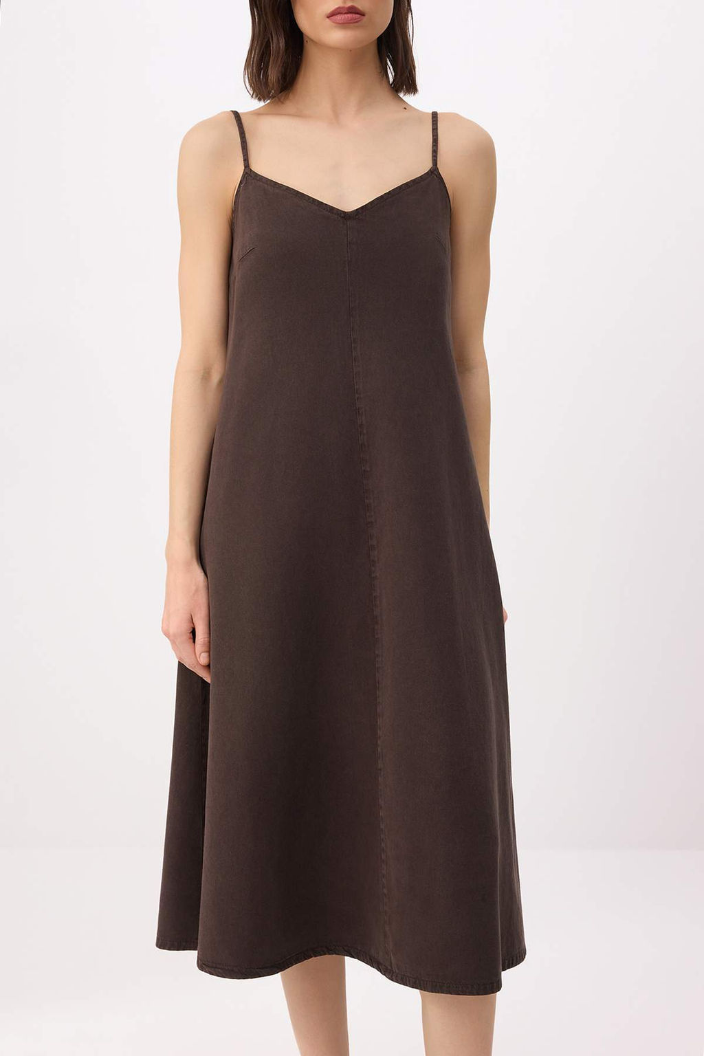 Kahverengi Duz Midi Denim Elbise TWOSS25EL00859