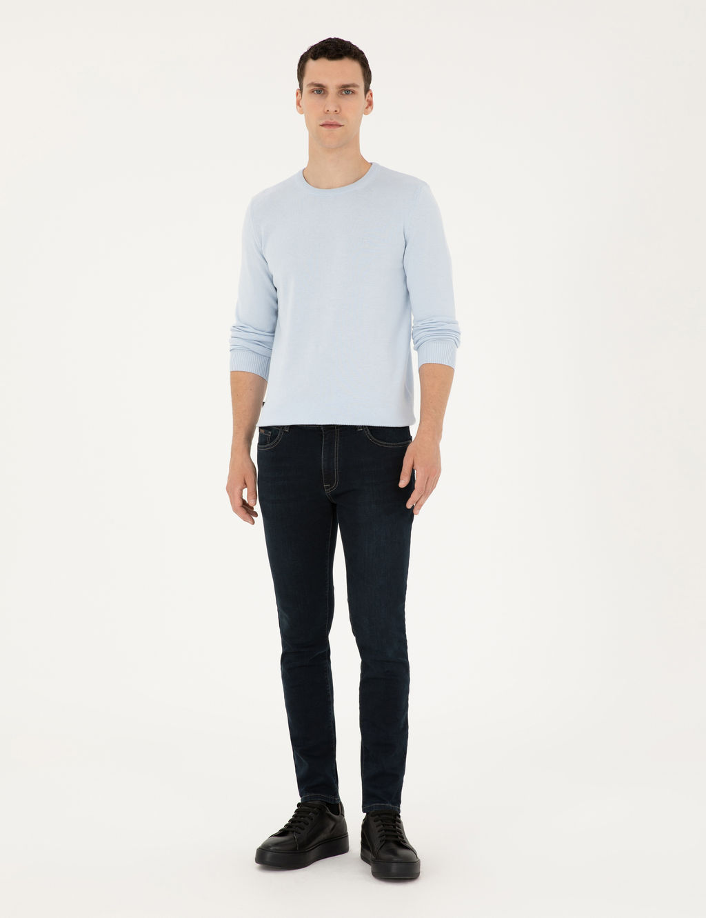 A__k Mavi Slim Fit Bisiklet Yaka Basic Triko Kazak