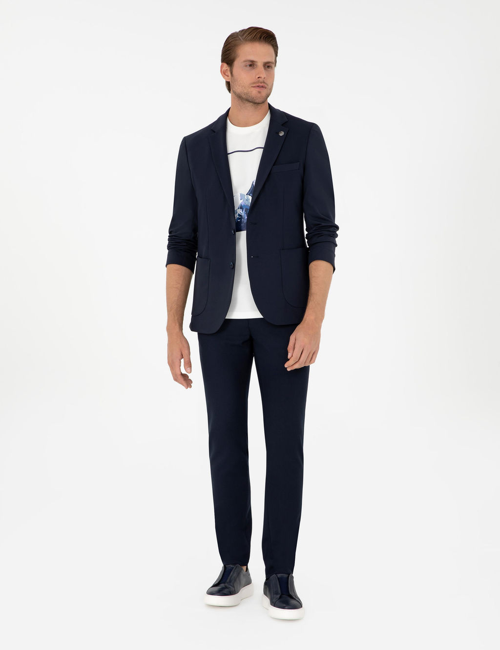 Lacivert Slim Fit _izgili Kanvas Pantolon