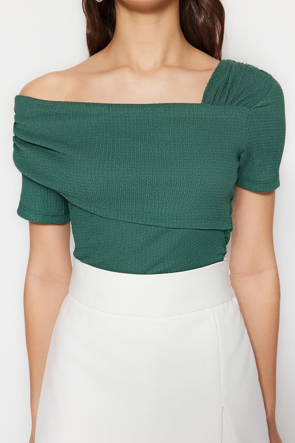 TRENDYOLMILLA Siyah Asimetrik Yakal? Fitted/Vucuda Oturan C?tc?tl? Orme Body TWOSS23BD00060 фото 14