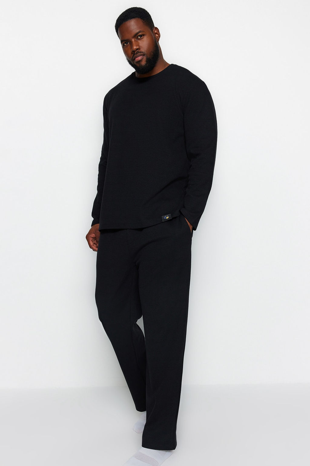 TRENDYOL MAN Siyah Regular Fit Waffle Orme Buyuk Beden Pijama Tak?m? TMNAW24AI00001