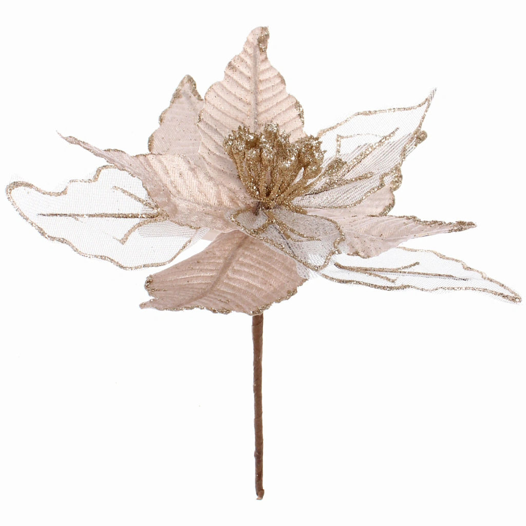 Цена за 2 шт. Украшение новогоднее "Пуансеттия - Шарм" 25 см, Белый/Шампань