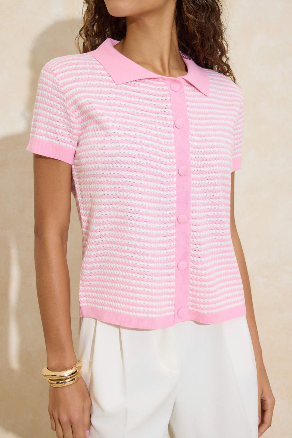 Pembe Polo Yaka Cizgili Triko Orta Bluz TWOSS25BZ00183