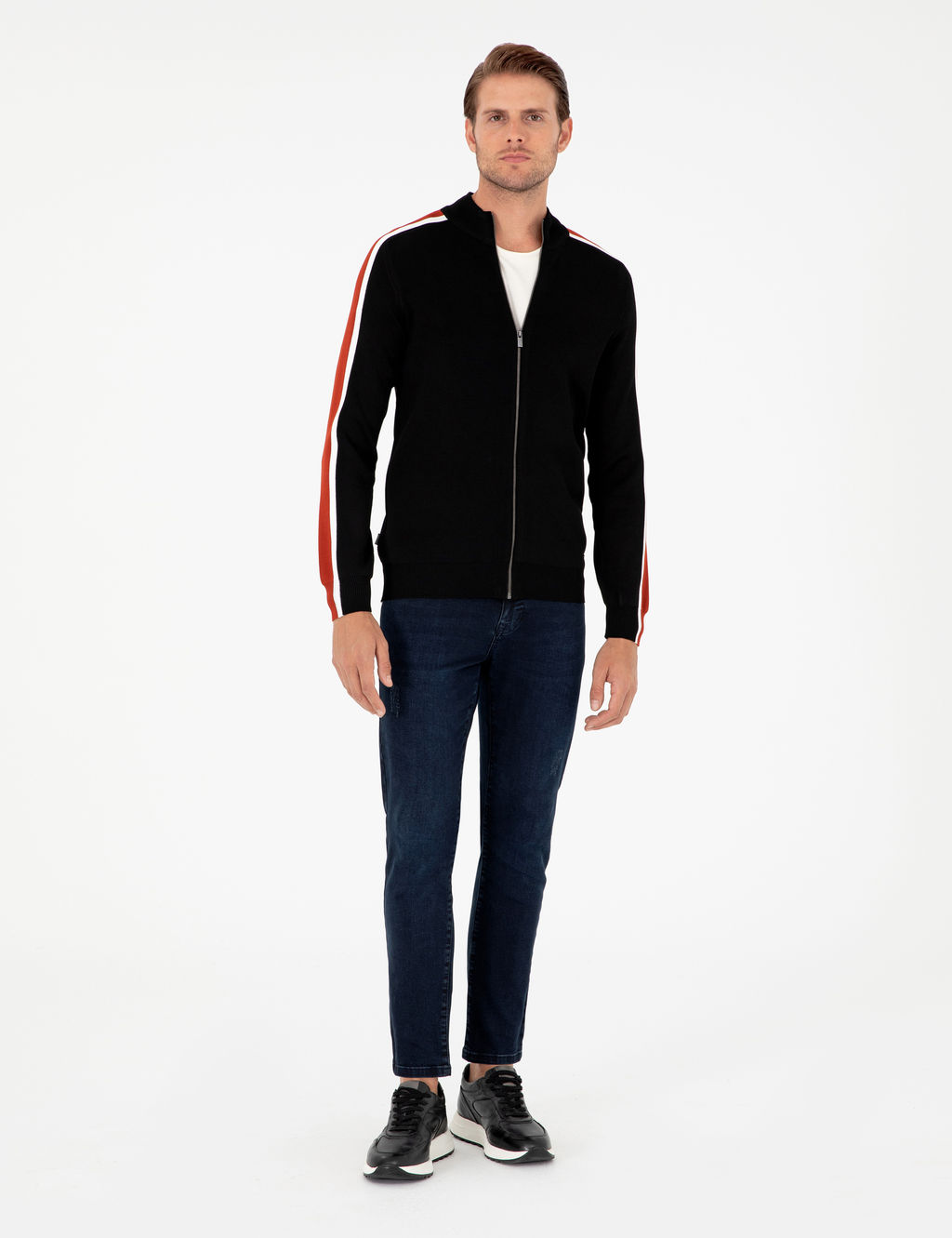 Siyah Slim Fit Y_n Kar___ml_ Fermuarl_ Triko H_rka