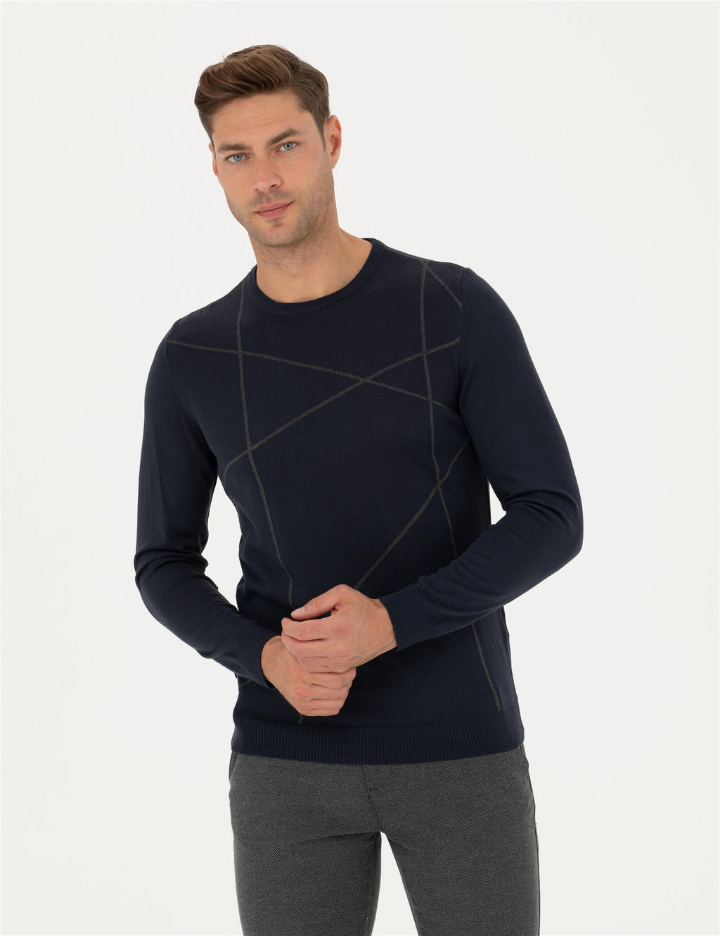 Lacivert Slim Fit Bisiklet Yaka Y_n Kar___ml_ Triko Kazak - Pierre cardin фото 4