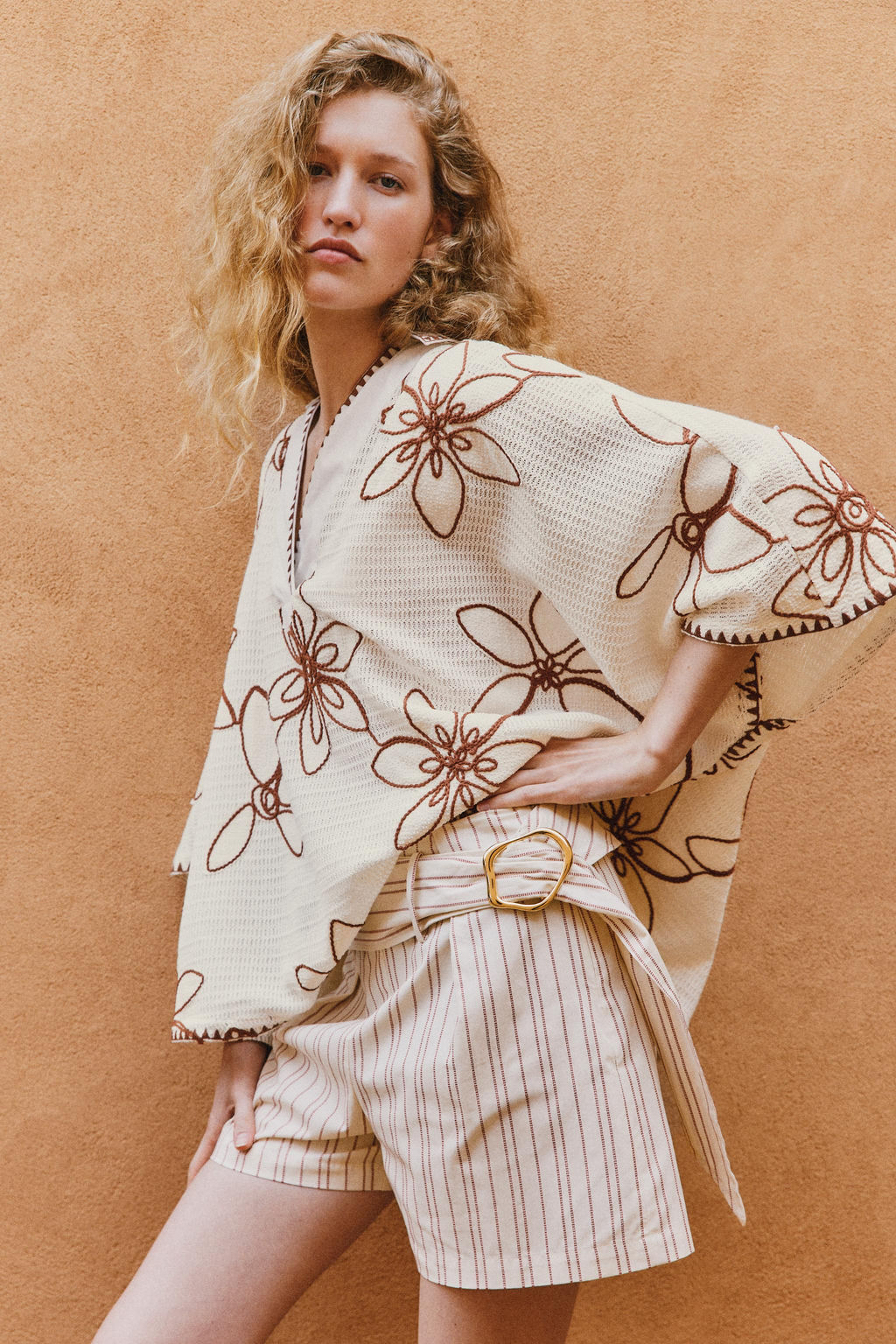 BLUSA KAFT?N BORDADA / Crudo / Marr?n - Zara фото 4