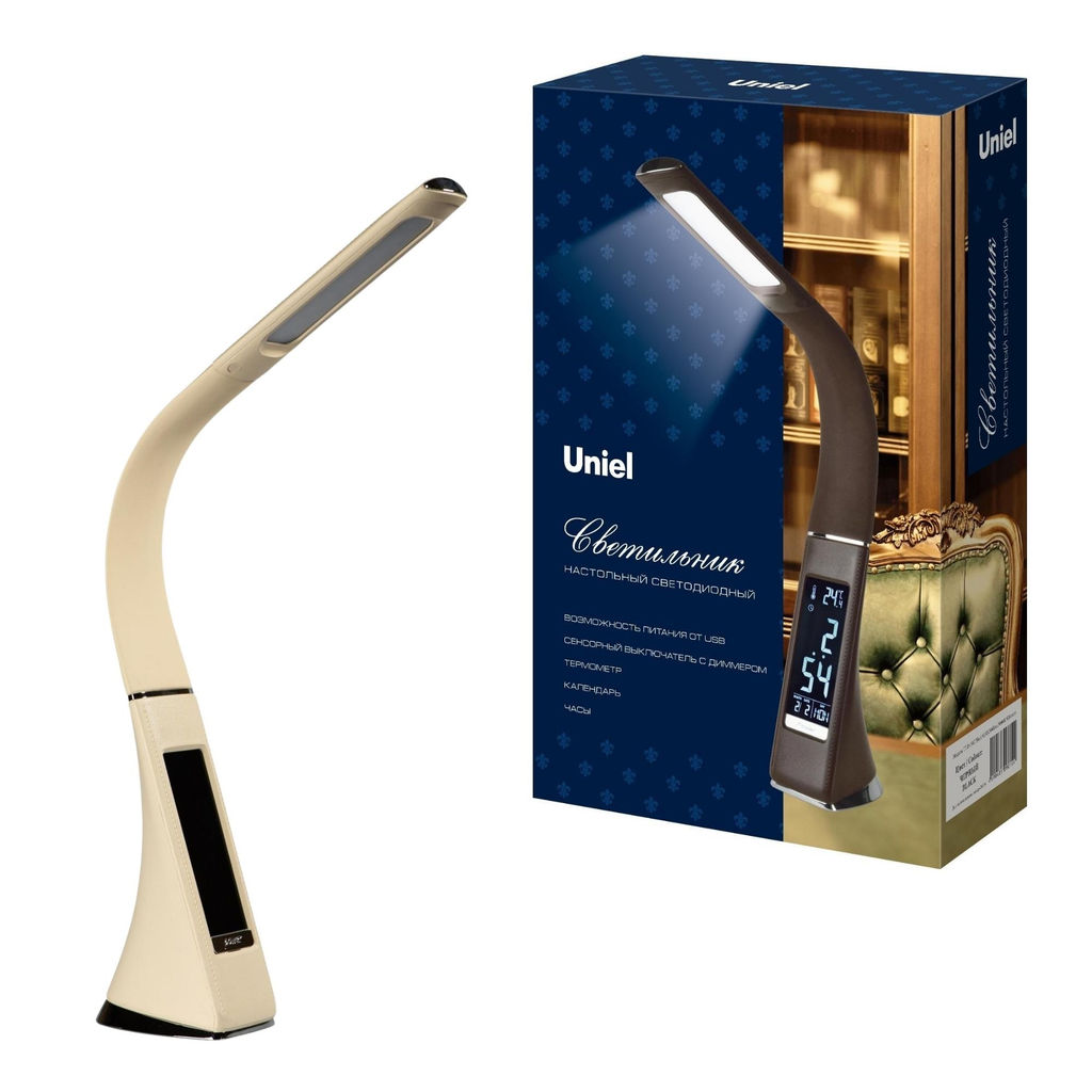 TLD-542 Cream/LED/300Lm/5000K/Dimmer Светильник настольный c часами, календарем, термометром, 5W. Сенсорный выключатель. Кремовый (стилизован под кожу). TM Uniel.