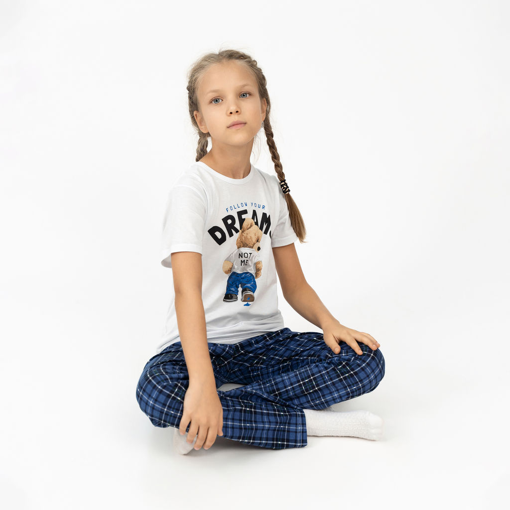 Пижама детская белая/синяя клетка dreams 827п/1 (128, 64)
