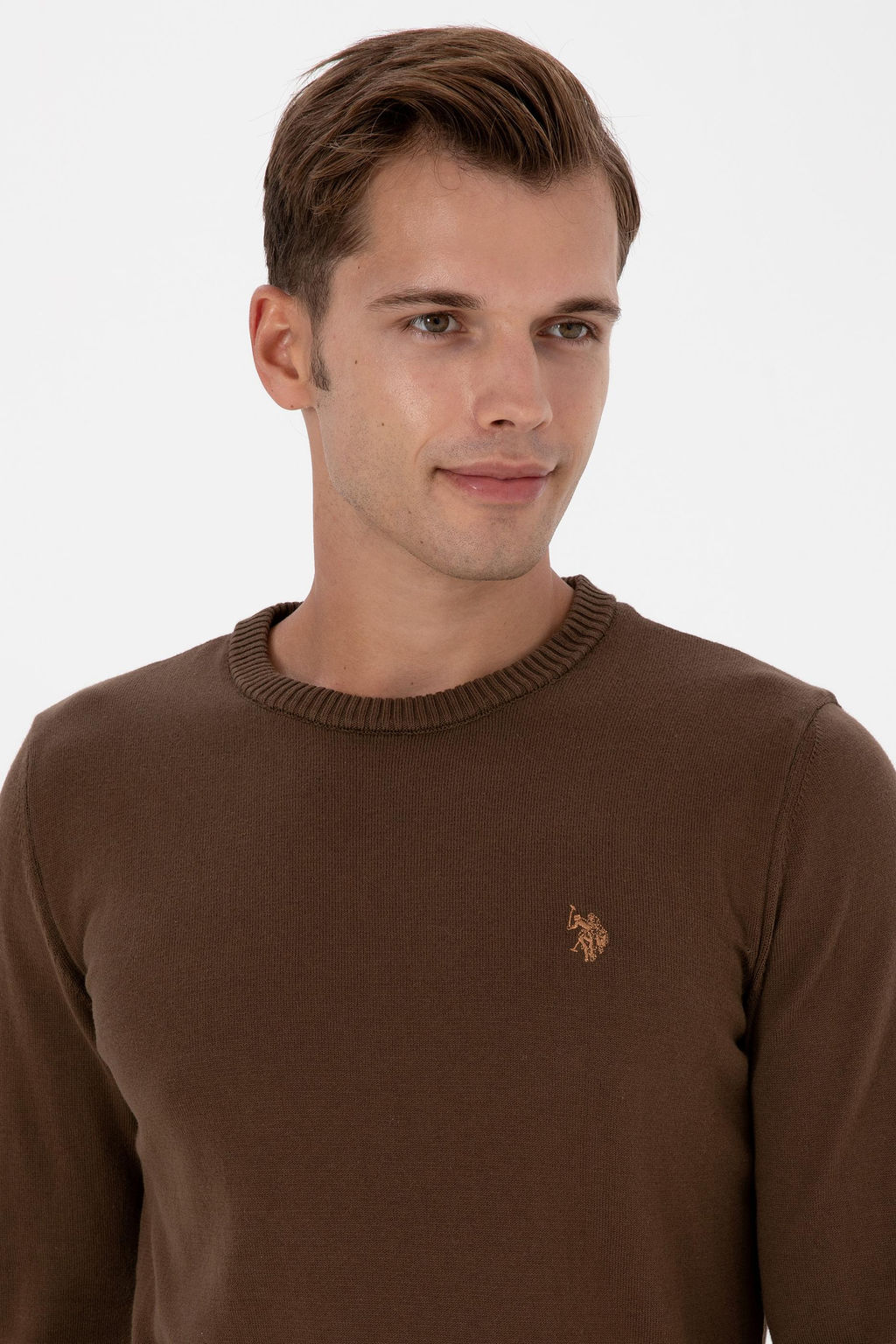 Erkek Slim Fit Bisiklet Yaka Kahverengi Basic Kazak - U.s. polo assn фото 2