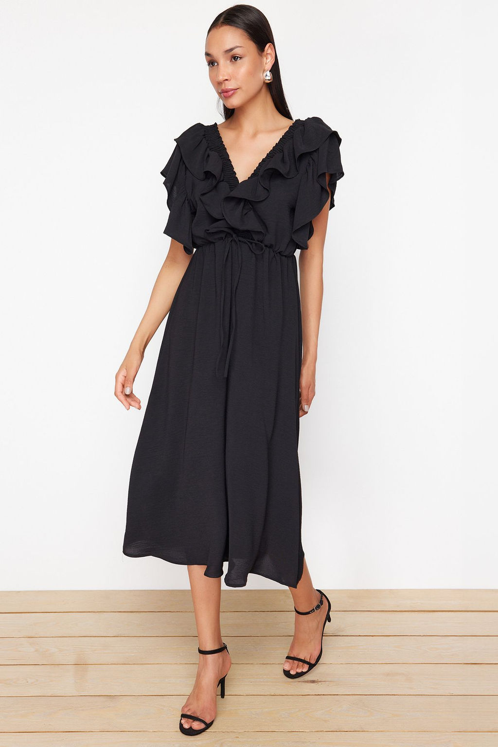 Siyah Duz A Kesim Volanl? Dokuma Elbise TWOSS24EL01053 - Trendyolmilla фото 2