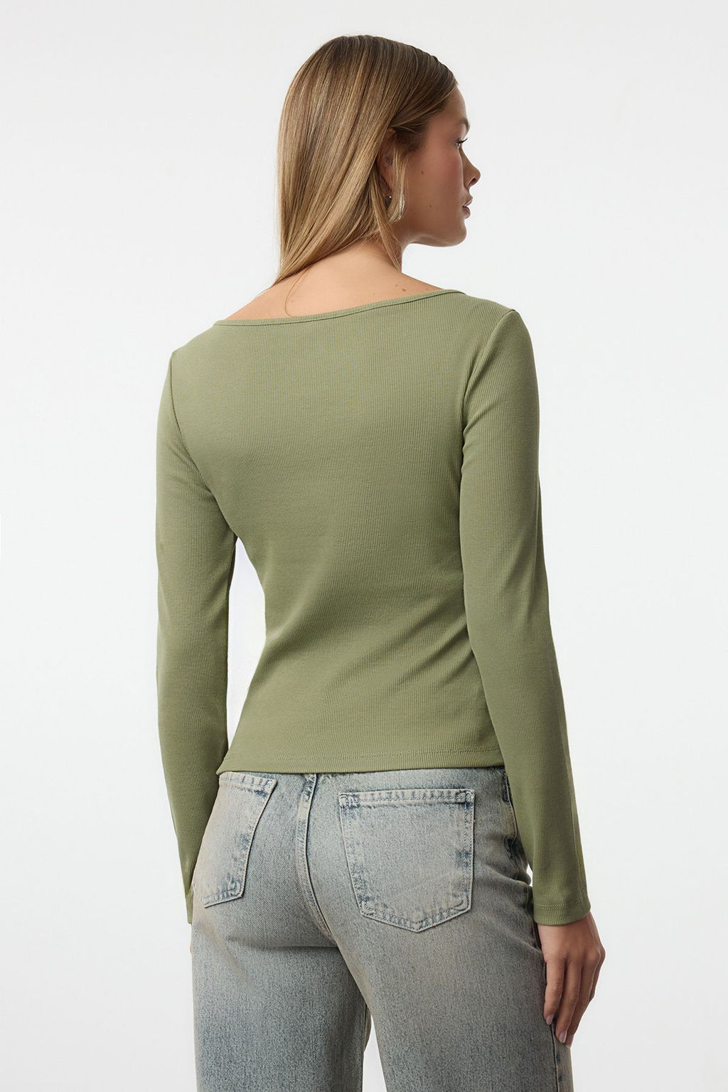 Haki Dugme Detayl? Bisiklet Yaka Fitilli Esnek Regular Boy Orme Bluz TWOAW25BZ00030