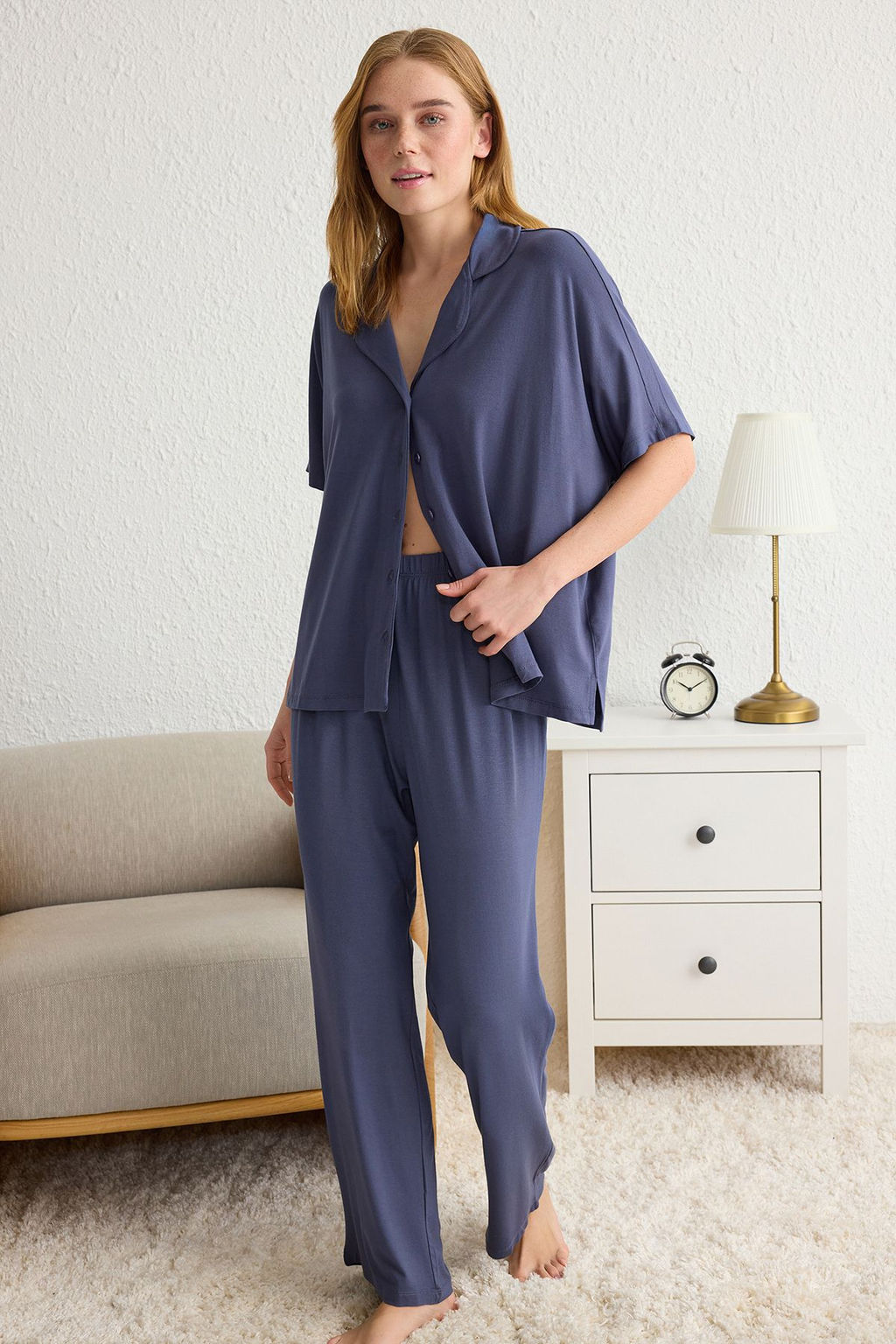 Trendyolmilla Antrasit Rahat Kal?p Viskon Hamile Orme Pijama Tak?m? THMSS25PT00165