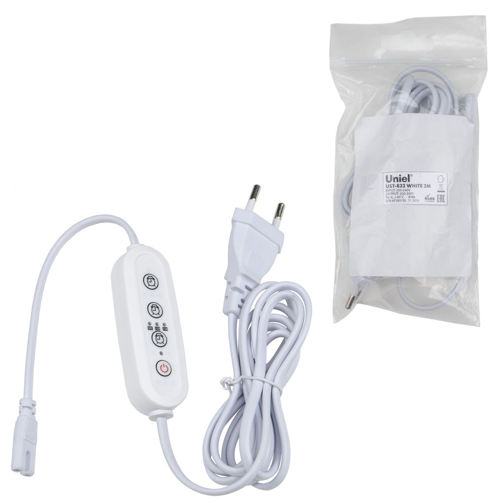 UST-E32 WHITE 2M Таймер с вилкой и разъемом L,N для фито светильника, 220В. 150Вт. Провод 2 метра. ТМ Uniel