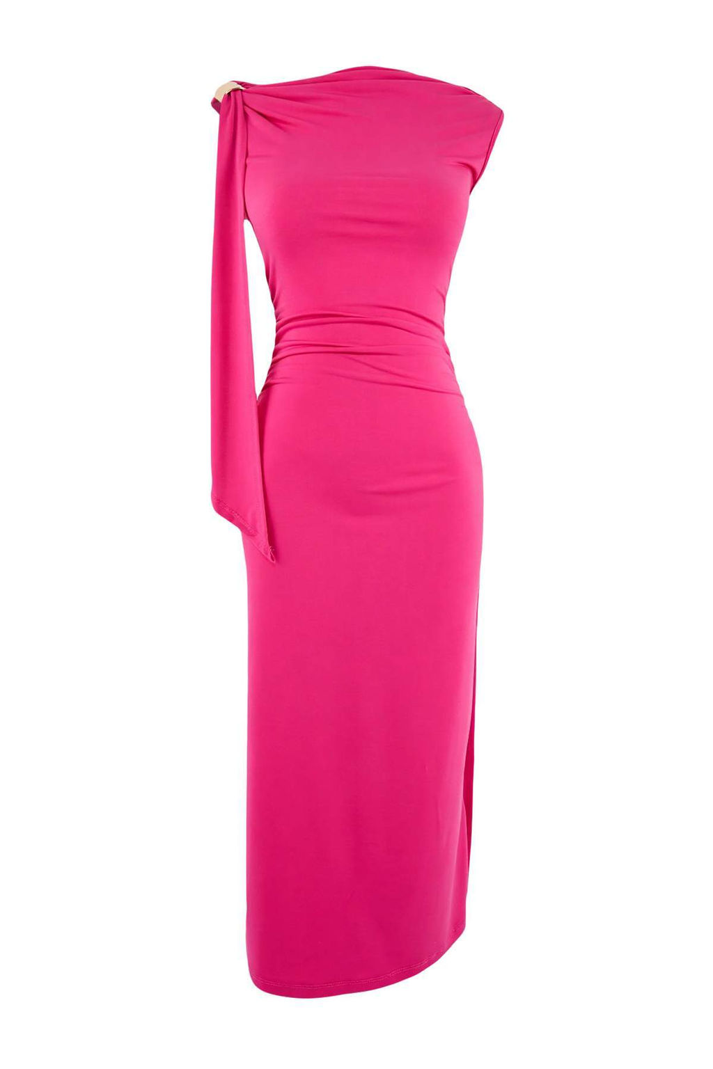 Limited Edition Fusya Bodycon Asimetrik Yaka Kolsuz Aksesuarl? Maxi Esnek Orme Elbise TWOSS26EL00258