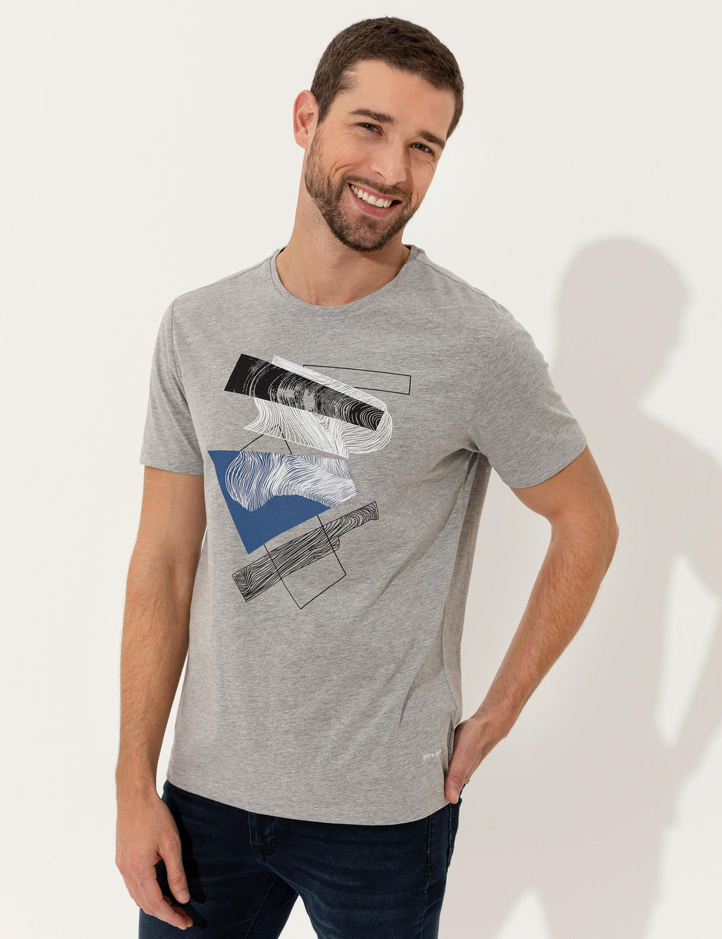 A__k Gri Melanj Slim Fit Bask_l_ Bisiklet Yaka Ti__rt