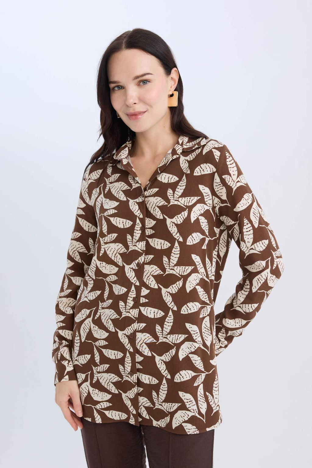 Loose Fit Gomlek Yaka Desenli Uzun Kollu Gomlek Tunik - Defacto фото 6