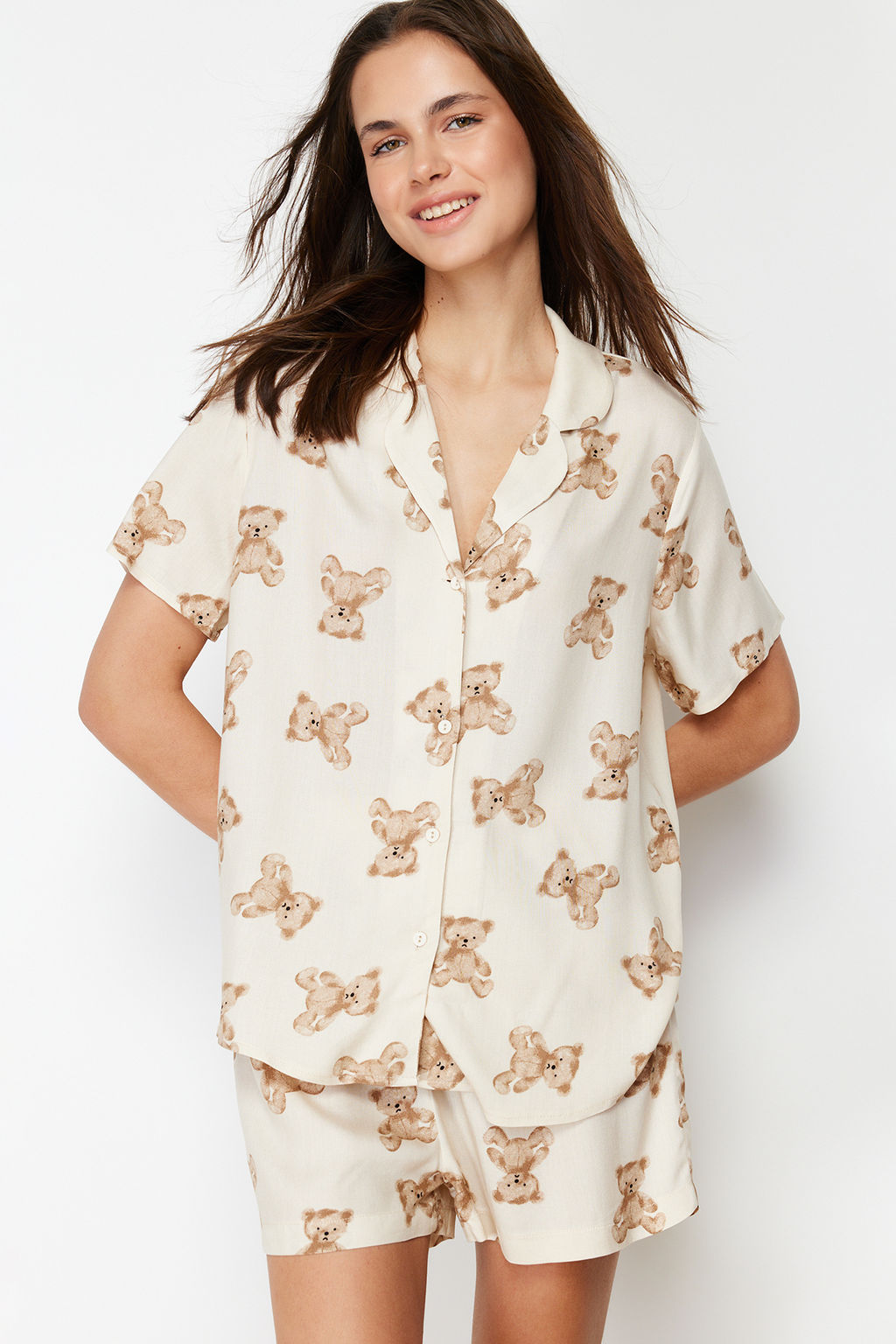 Trendyolmilla Bej Ay?c?kl? Viskon Sortlu Dokuma Pijama Tak?m? THMSS24PT00067  фото 7