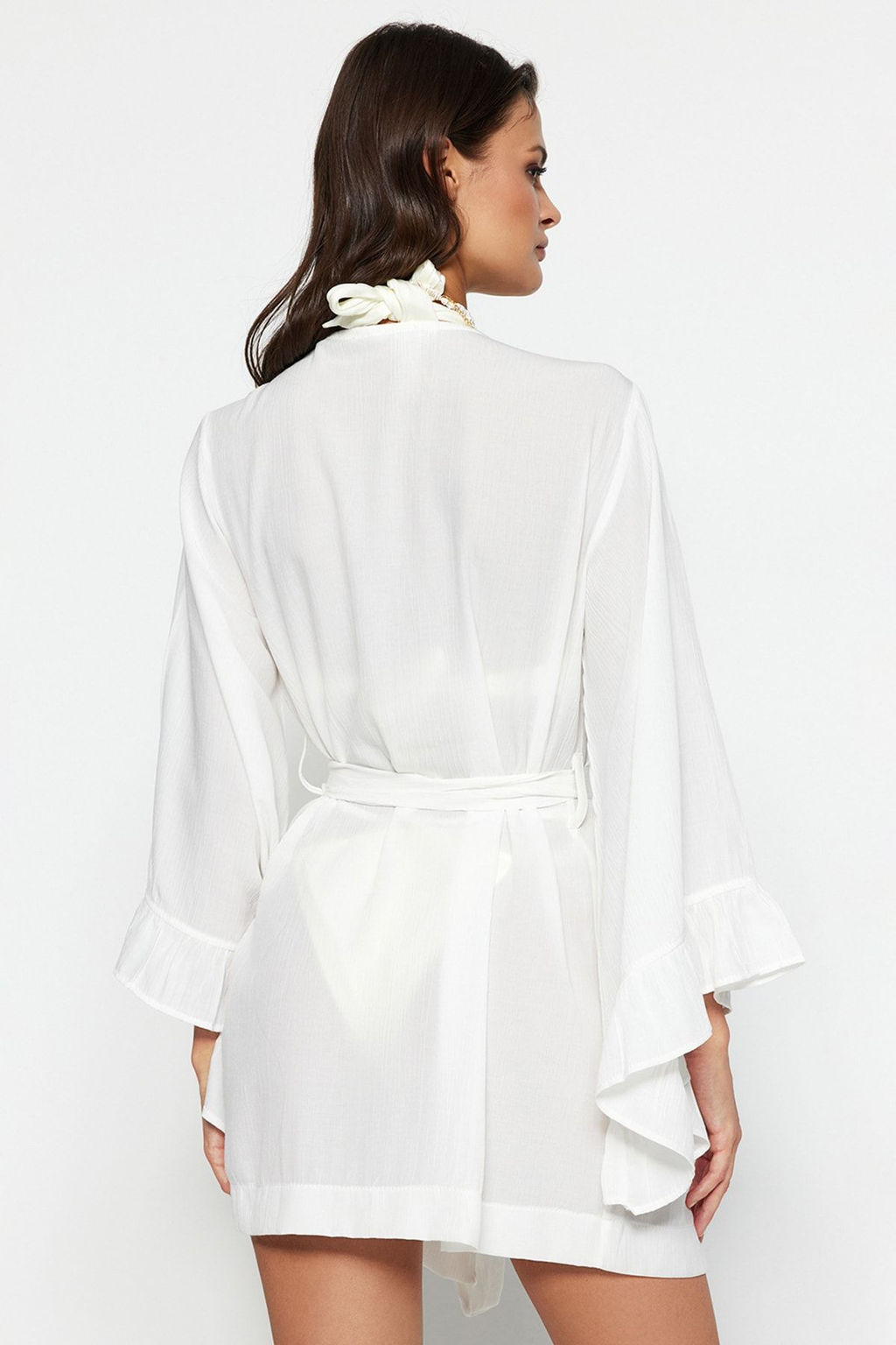 Ekru Kusakl? Dokuma Volanl? Mini Plaj Kimono&Kaftan TBESS21KM0002